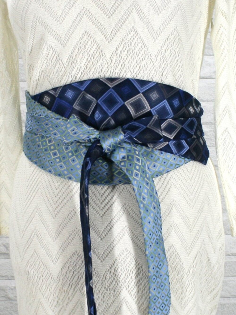 HAND CRAFTED Belt Necktie Upcycled Cummerbund Wrap Silk Wide Obi Waist Sash Blue